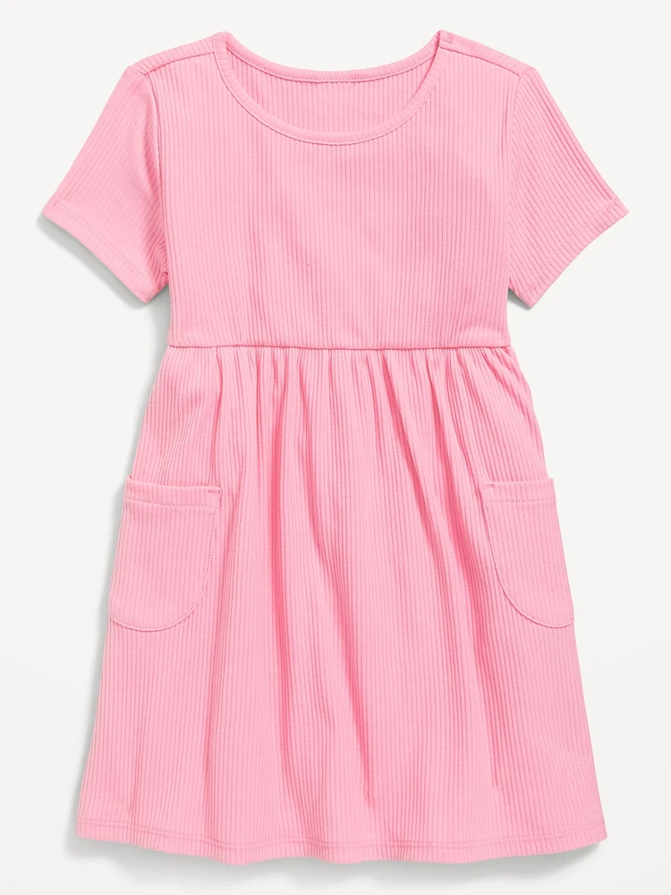 Short-Sleeve Ribbed Fit and Flare Pocket Dress for Toddler Girls