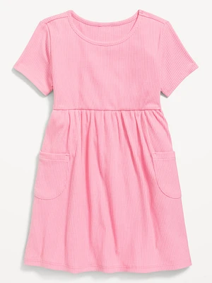 Short-Sleeve Ribbed Fit and Flare Pocket Dress for Toddler Girls