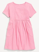 Short-Sleeve Ribbed Fit and Flare Pocket Dress for Toddler Girls