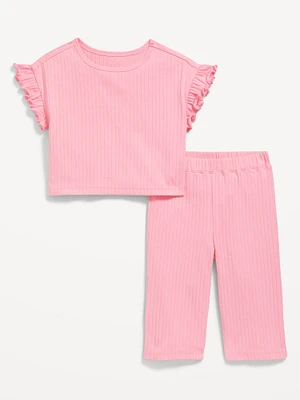 Ribbed Ruffle-Trim Top and Wide-Leg Pants Set for Toddler Girls