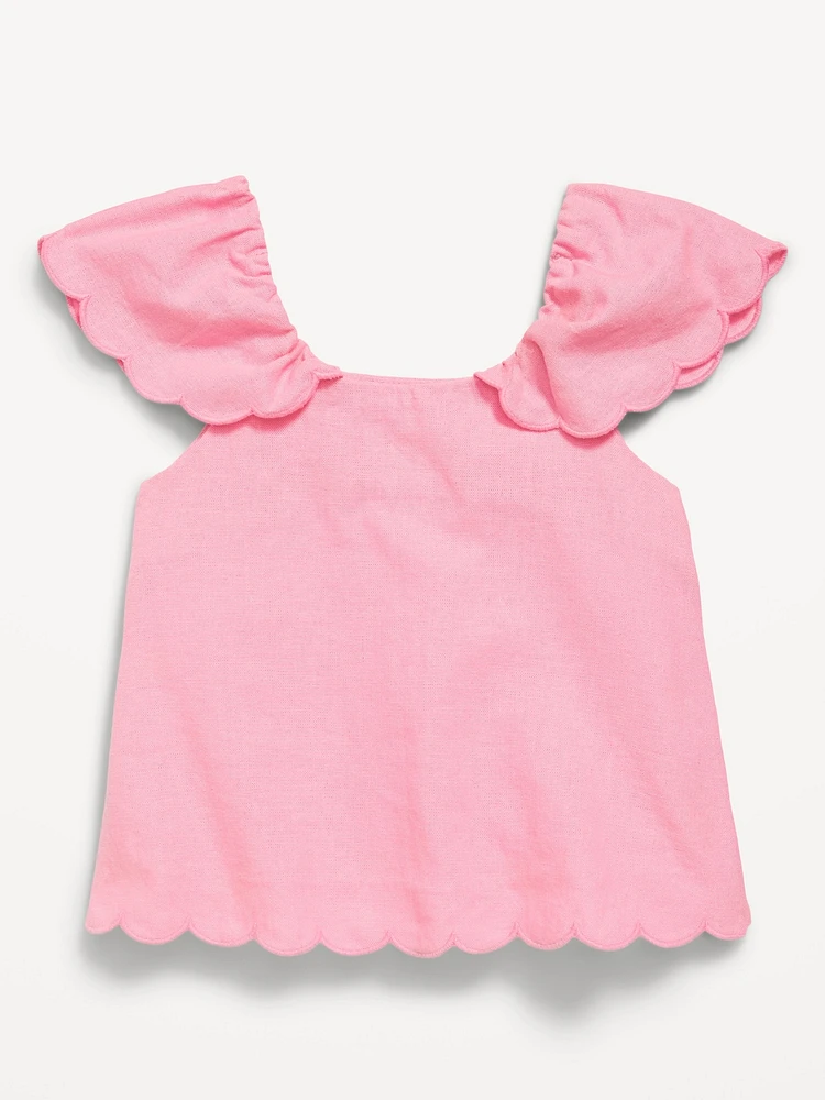 Short-Sleeve Linen-Blend Scallop-Trim Top for Toddler Girls