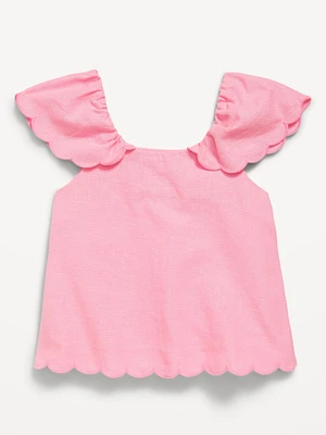 Short-Sleeve Linen-Blend Scallop-Trim Top for Toddler Girls