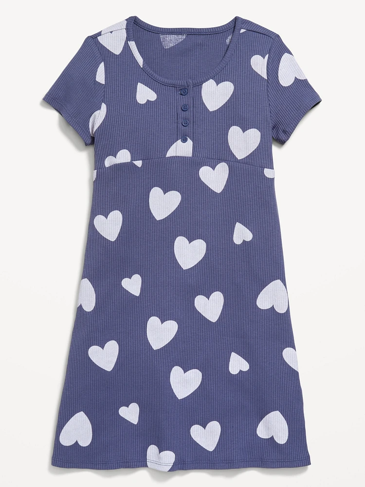 Printed Short-Sleeve Ribbed Henley Dress for Girls