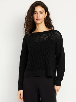 Boat-Neck Open-Stitch Sweater