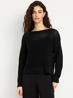 Boat-Neck Open-Stitch Sweater