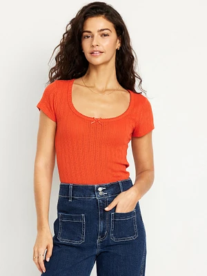 Lace-Trim Ribbed Pointelle T-Shirt