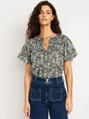 Shirred Flutter-Sleeve Top