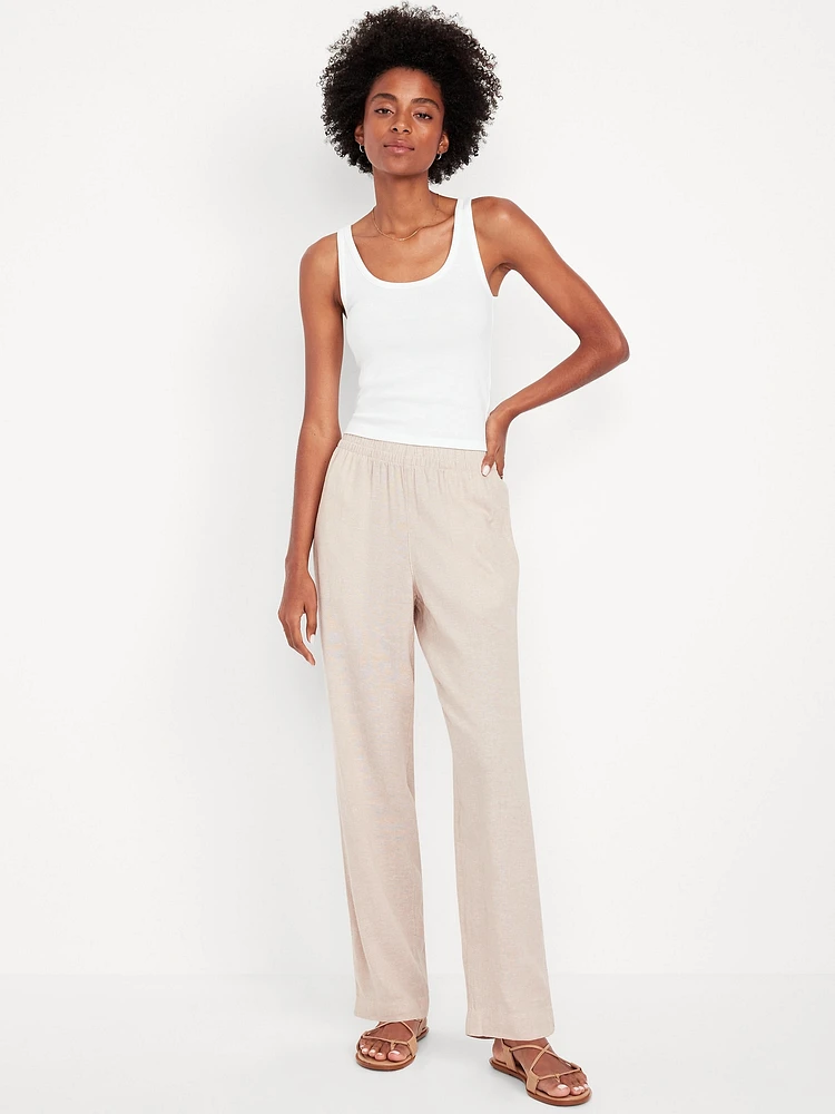 High-Waisted Linen-Blend Straight Pants