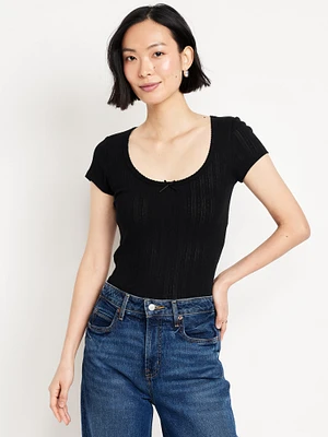 Lace-Trim Ribbed Pointelle T-Shirt