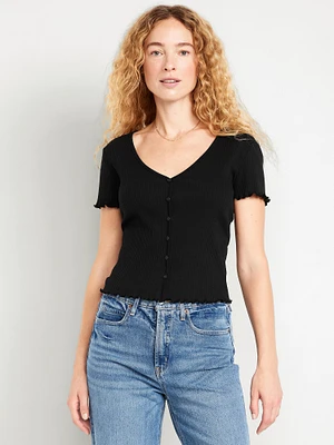 Ribbed Button-Down Lettuce-Edge Top