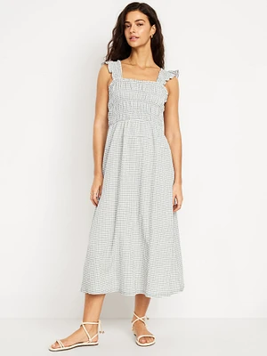 Fit & Flare Smocked Gingham Midi Dress