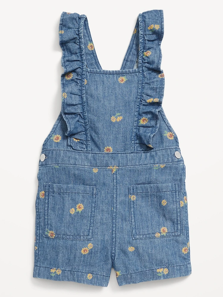 Printed Ruffle-Trim Chambray Shortalls for Toddler Girls