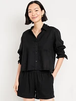 Linen-Blend Button-Down Crop Shirt