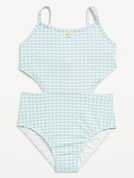 Textured Jacquard Side-Cutout One-Piece Swimsuit for Girls