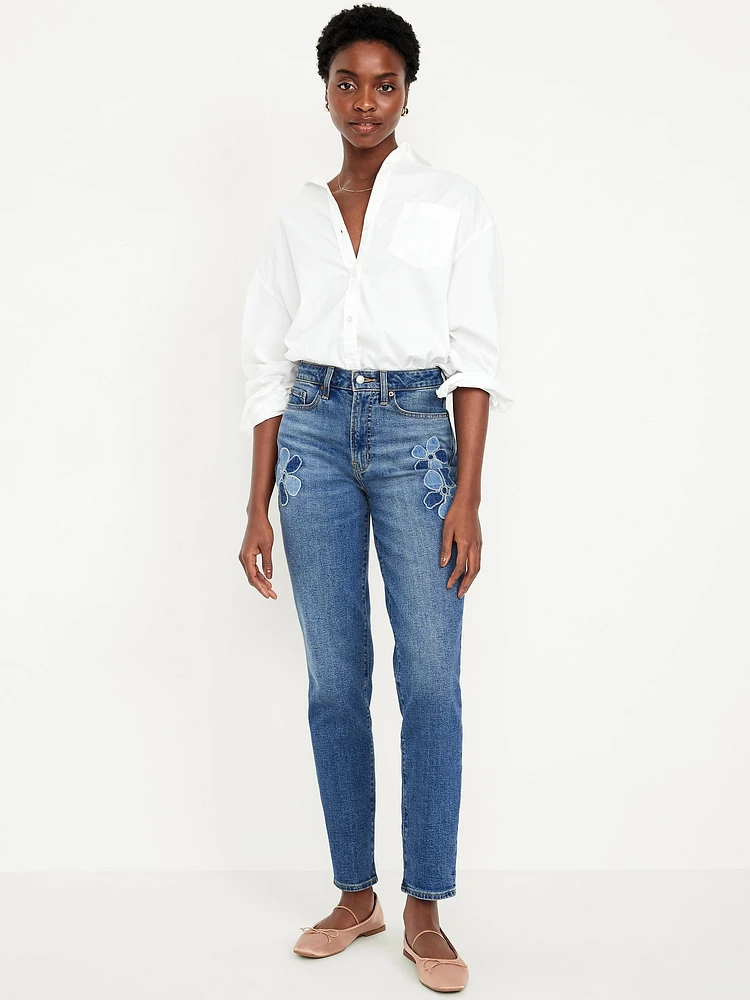 High-Waisted OG Straight Floral Applique Ankle Jeans