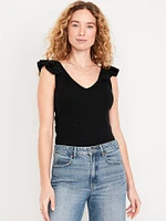 Ruffle-Trim Mixed Material Top