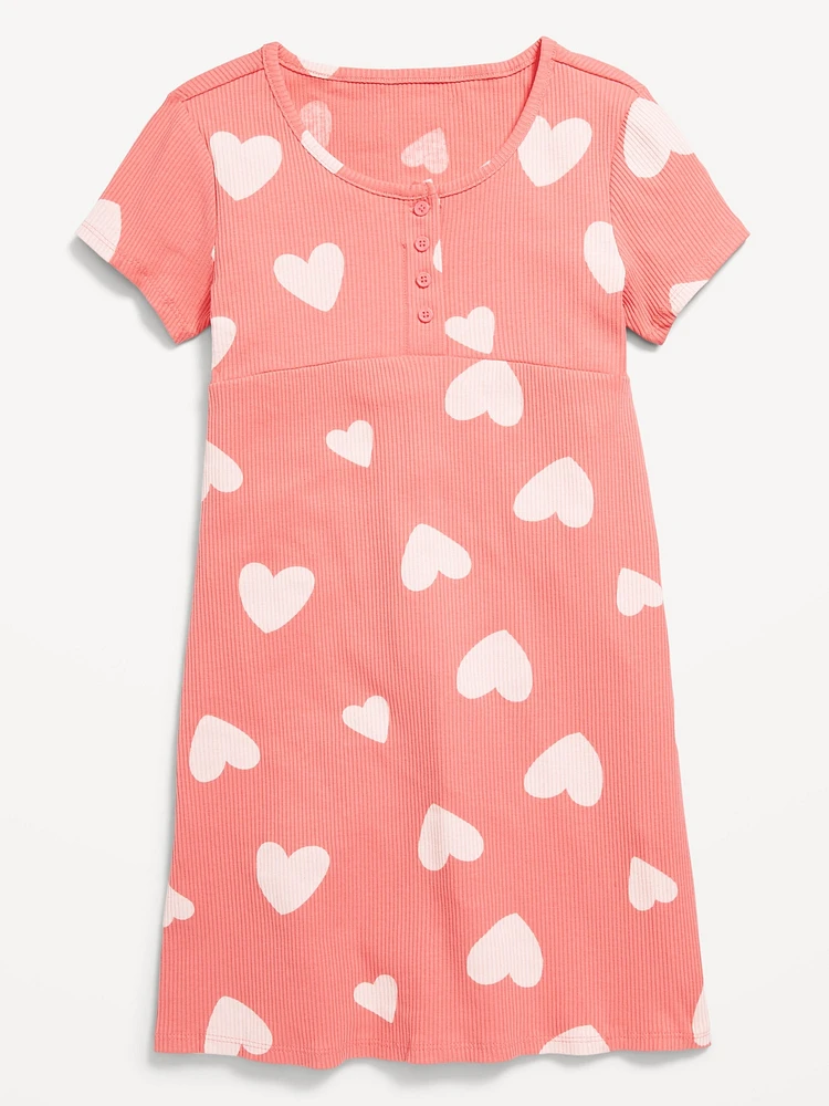 Printed Short-Sleeve Ribbed Henley Dress for Girls