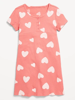 Printed Short-Sleeve Ribbed Henley Dress for Girls