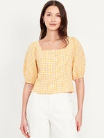 Puff-Sleeve Linen-Blend Gingham Top