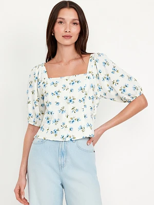 Puff-Sleeve Linen-Blend Floral Top