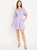 Waist-Defined Puff-Sleeve Seersucker Mini Dress