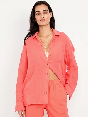 Crinkle Gauze Loose Button-Down Shirt