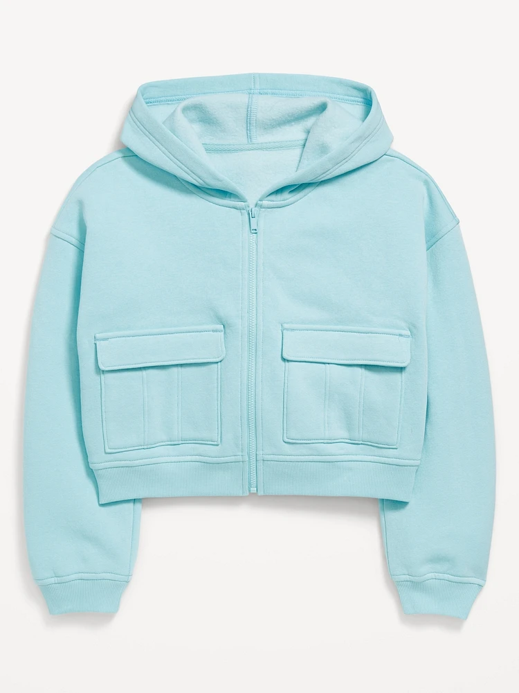 Cropped Zip-Front Cargo Pocket Hoodie for Girls