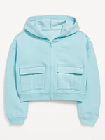 Cropped Zip-Front Cargo Pocket Hoodie for Girls