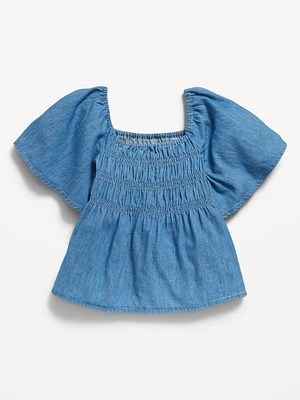 Flutter-Sleeve Chambray Smocked Top for Girls