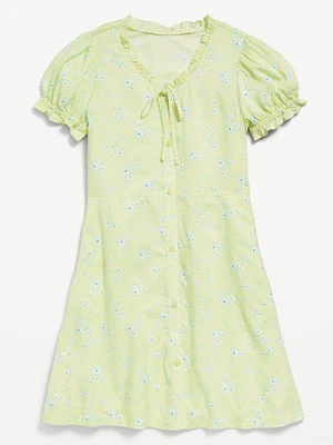 Printed Short-Sleeve Button-Front Fit and Flare Dress for Girls