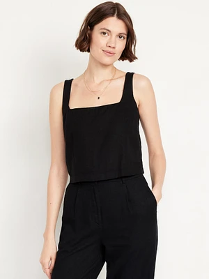 Square-Neck Linen-Blend Crop Tank Top