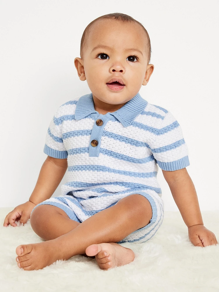 Collared Sweater-Knit Henley One-Piece Romper for Baby