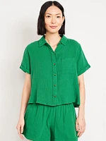 Crinkle Gauze Loose Button-Down Shirt
