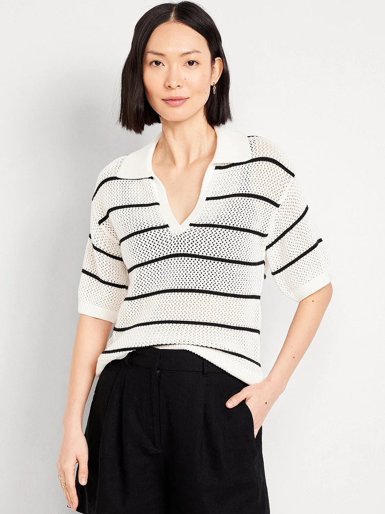 Open-Stitch Polo Sweater