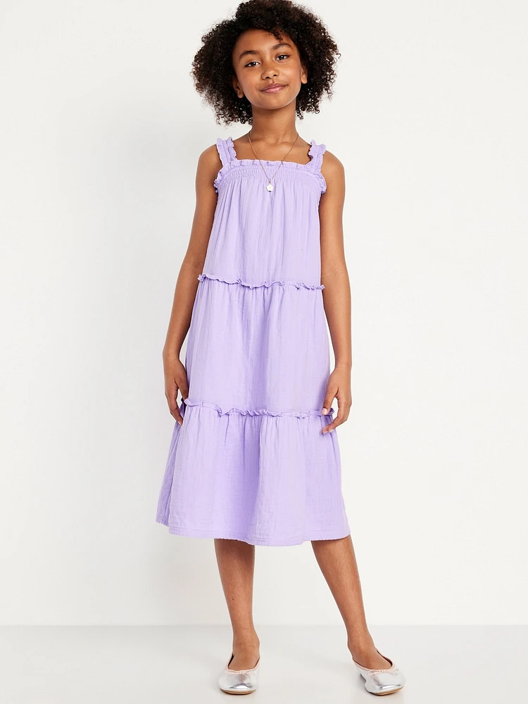 Sleeveless Ruffle-Trim Tiered Midi Dress for Girls