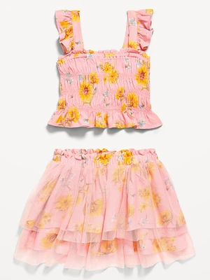 Printed Sleeveless Smocked Top and Tulle Skirt Set for Toddler Girls