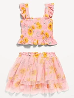 Printed Sleeveless Smocked Top and Tulle Skirt Set for Toddler Girls