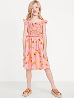 Printed Flutter-Sleeve Smocked Fit and Flare Dress for Girls