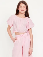 Cropped Short Puff-Sleeve Double-Weave Top for Girls