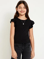 Fitted Short-Sleeve Ruffle-Trim Ribbed Top for Girls