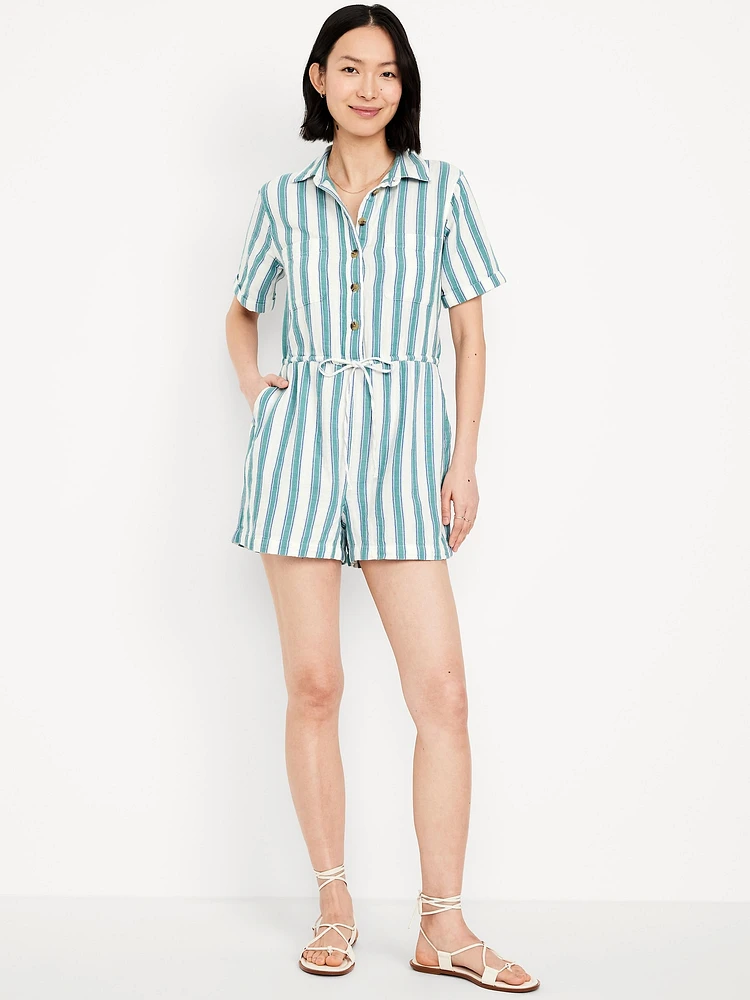 Crinkle Gauze Button-Down Romper