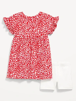 Printed Flutter-Sleeve Dress and Biker Shorts Set for Toddler Girls
