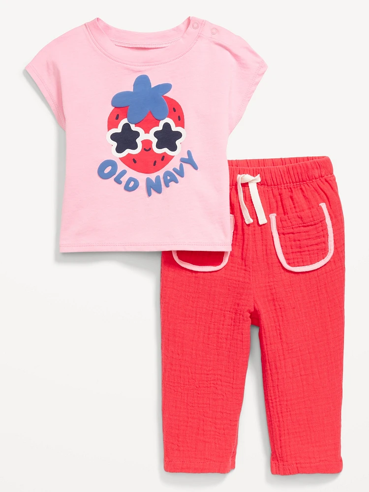 Short-Sleeve Logo-Graphic Top and Pants Set for Baby