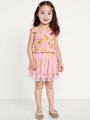 Printed Sleeveless Smocked Top and Tulle Skirt Set for Toddler Girls