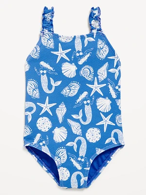 Printed Textured Ruffle-Strap One-Piece Swimsuit for Toddler Girls