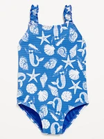 Printed Textured Ruffle-Strap One-Piece Swimsuit for Toddler Girls