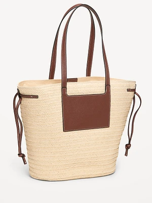 Faux-Leather Drawstring Straw Tote