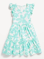 Printed Flutter-Sleeve Tiered Swing Dress for Girls