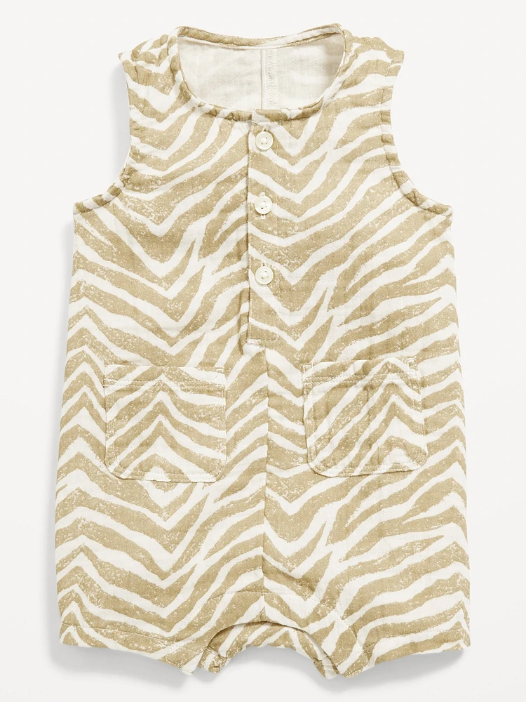 Printed Sleeveless Double-Weave Henley One-Piece Romper for Baby