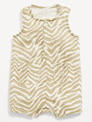 Printed Sleeveless Double-Weave Henley One-Piece Romper for Baby
